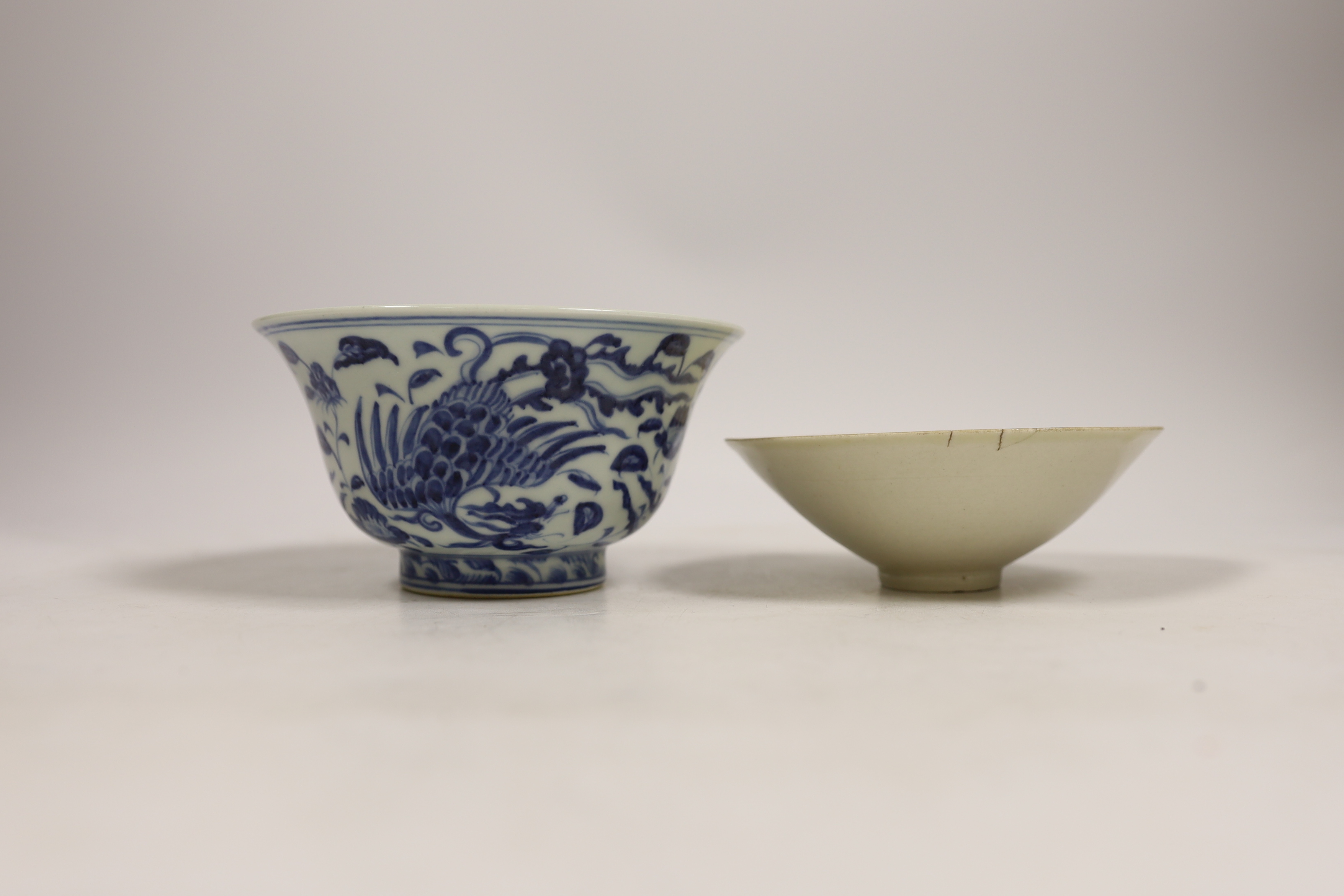 A Chinese blue and white porcelain bowl, Xuande mark but later and another bowl